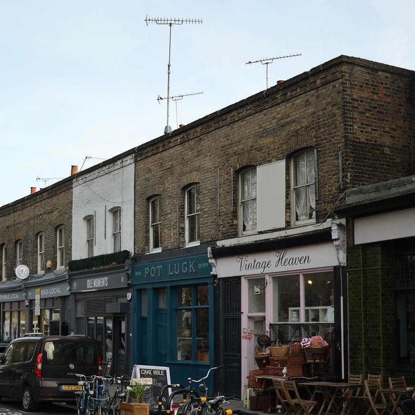 Vintage Heaven and Pot Luck shopfronts with parked bicycles