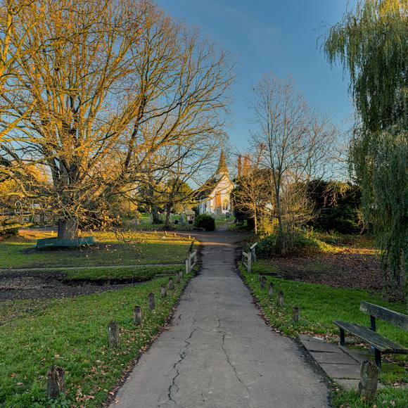 Footpath through parkland with bare trees and a bench